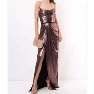 NWT Marchesa Notte Metallic Lame Strapless Belted Column Gown Sz 10